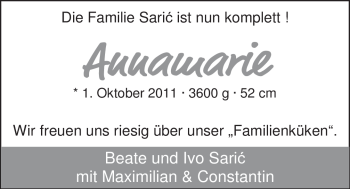 Babyanzeige von Annamarie Saric von Nordwest-Zeitung