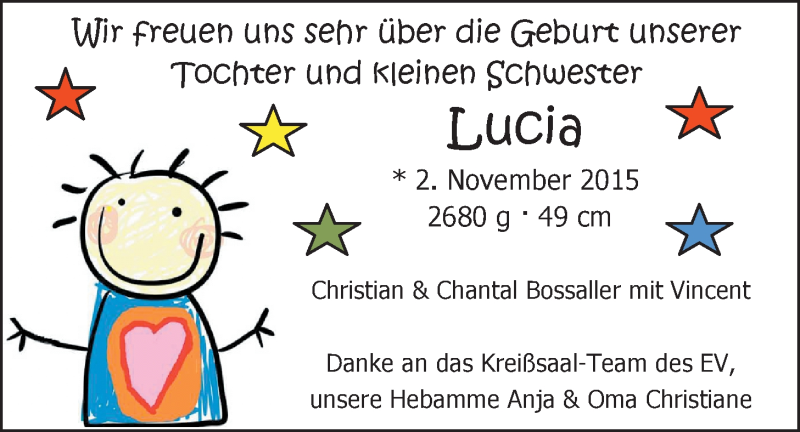 Anzeige für Lucia Bossaler vom 14.11.2015 aus Nordwest-Zeitung