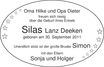 Babyanzeige von Silas Lanz Deeken von Nordwest-Zeitung