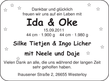 Babyanzeige von Ida und Oke  von Nordwest-Zeitung