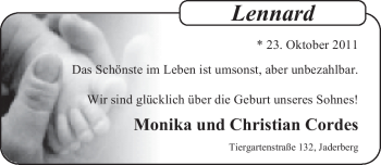 Babyanzeige von Lennard Cordes von Nordwest-Zeitung