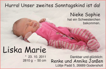 Babyanzeige von Liska Marie Janßen von Nordwest-Zeitung