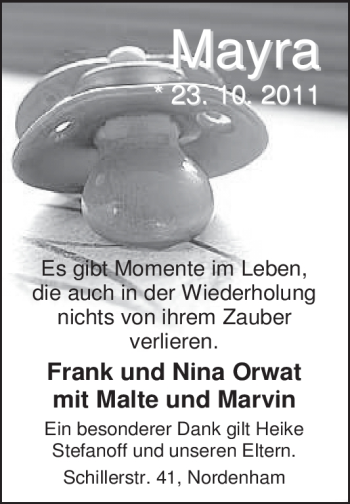 Babyanzeige von Mayra  von Nordwest-Zeitung