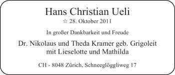 Babyanzeige von Hans Christian Ueli  von Nordwest-Zeitung
