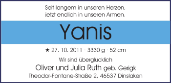 Babyanzeige von Yanis Ruth von Nordwest-Zeitung