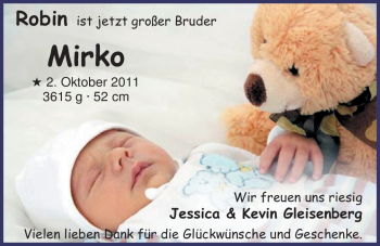 Babyanzeige von Mirko Gleisenberg von Nordwest-Zeitung