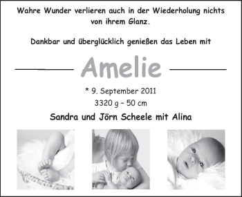 Babyanzeige von Amelie Scheele von Nordwest-Zeitung