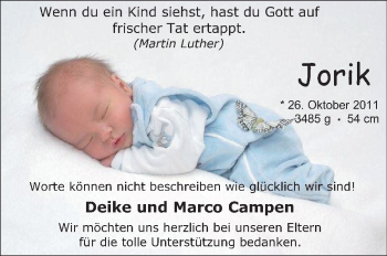 Babyanzeige von Jorik  von Nordwest-Zeitung