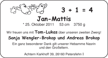 Babyanzeige von Jan-Mattis  von Nordwest-Zeitung