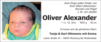 Babyanzeige von Oliver Alexander  von Nordwest-Zeitung