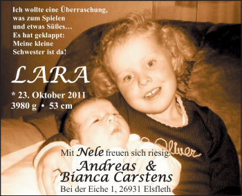 Babyanzeige von Lara Carstens von Nordwest-Zeitung