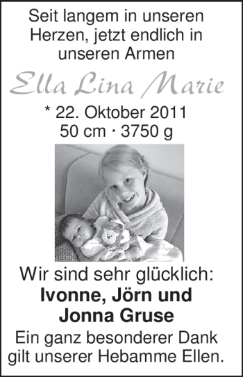 Babyanzeige von Ella Lina Marie Gruse von Nordwest-Zeitung