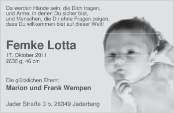 Babyanzeige von Femke Lotta Wempen von Nordwest-Zeitung
