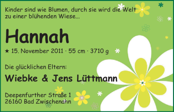 Babyanzeige von Hannah Lüttmann von Nordwest-Zeitung
