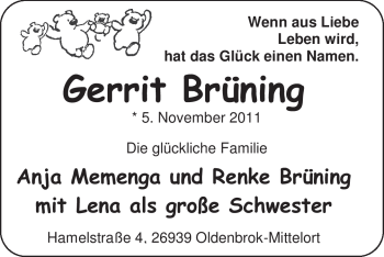 Babyanzeige von Gerrit Brüning von Nordwest-Zeitung