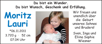 Babyanzeige von Moritz Lauri Wiesner von Nordwest-Zeitung