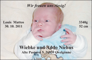 Babyanzeige von Louis Matteo Niehus von Nordwest-Zeitung