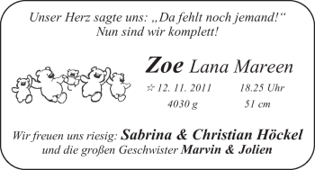 Babyanzeige von Zoe Lana Mareen  von Nordwest-Zeitung