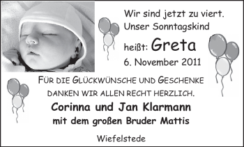 Babyanzeige von Greta Klarmann von Nordwest-Zeitung