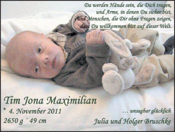 Babyanzeige von Tim Jona Maximilian Bruschke von Nordwest-Zeitung