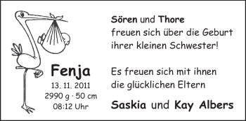 Babyanzeige von Fenja Albers von Nordwest-Zeitung
