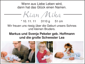 Babyanzeige von Kian Mika Pekeler von Nordwest-Zeitung