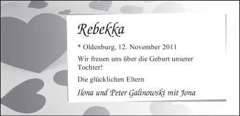 Babyanzeige von Rebekka Galinowski von Nordwest-Zeitung