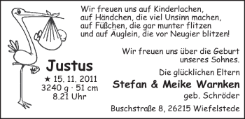 Babyanzeige von Justus Warnken von Nordwest-Zeitung