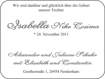 Babyanzeige von Isabella Nike Cosima Schuhr von Nordwest-Zeitung