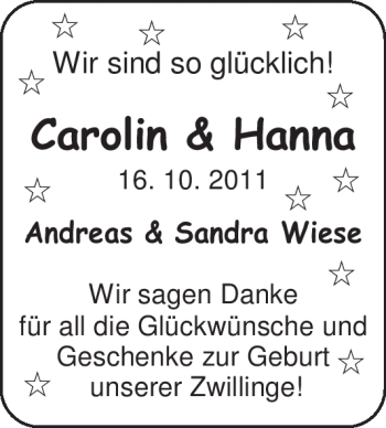 Babyanzeige von Carolin und Hanna Wiese von Nordwest-Zeitung