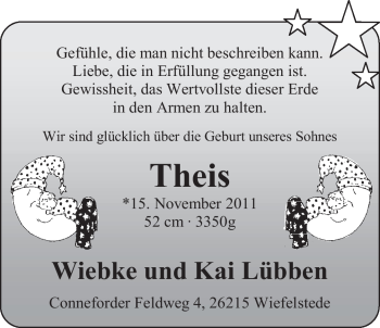 Babyanzeige von Theis Lübben von Nordwest-Zeitung