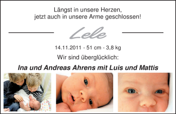 Babyanzeige von Lele Ahrens von Nordwest-Zeitung