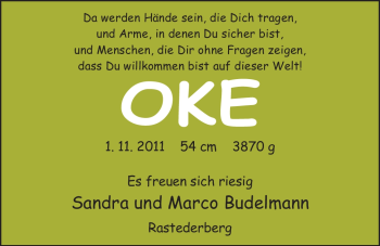 Babyanzeige von Oke Budelmann von Nordwest-Zeitung