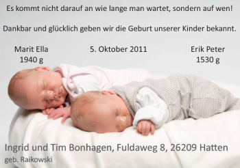 Babyanzeige von Marit Ella und Erik Peter Bonhagen von Nordwest-Zeitung