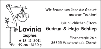 Babyanzeige von Lavinia Sophie Schliep von Nordwest-Zeitung