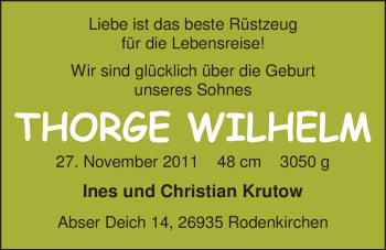 Babyanzeige von Thorge Wilhelm Krutow von Nordwest-Zeitung