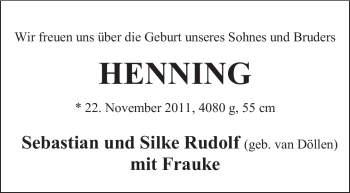 Babyanzeige von Henning Rudolf von Nordwest-Zeitung