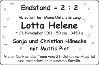 Babyanzeige von Lotta Helene Hänecke von Nordwest-Zeitung