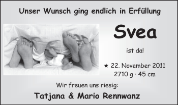 Babyanzeige von Svea Rennwanz von Nordwest-Zeitung