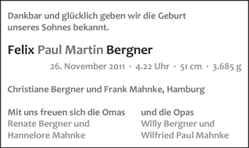 Babyanzeige von Felix Paul Martin Bergner von Nordwest-Zeitung