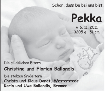 Babyanzeige von Pekka Ballandis von Nordwest-Zeitung