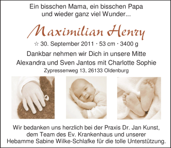 Babyanzeige von Maximilian Henry  von Nordwest-Zeitung