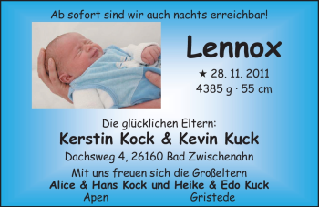 Babyanzeige von Lennox Kuck von Nordwest-Zeitung