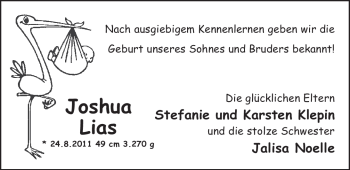 Babyanzeige von Joshua Lias Klepin von Nordwest-Zeitung