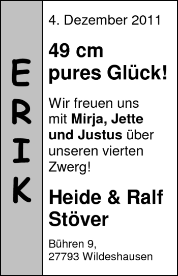 Babyanzeige von Erik  von Nordwest-Zeitung