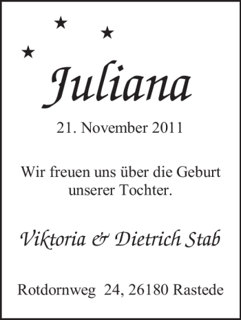 Babyanzeige von Juliana Stab von Nordwest-Zeitung