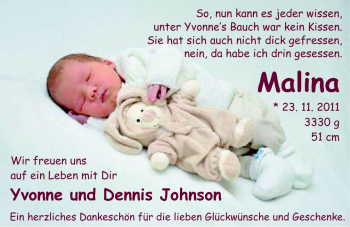 Babyanzeige von Malina Johnson von Nordwest-Zeitung