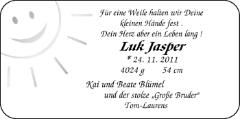 Babyanzeige von Luk Jasper Blümel von Nordwest-Zeitung
