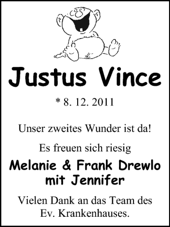Babyanzeige von Justus Vince Drewlo von Nordwest-Zeitung