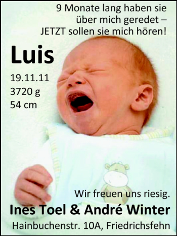 Babyanzeige von Luis  von Nordwest-Zeitung